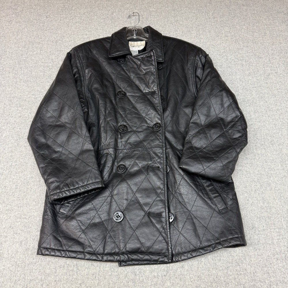 Spiegel Quilted Leather Pea Coat Jacket Small Black Double Breasted Anchor Butto